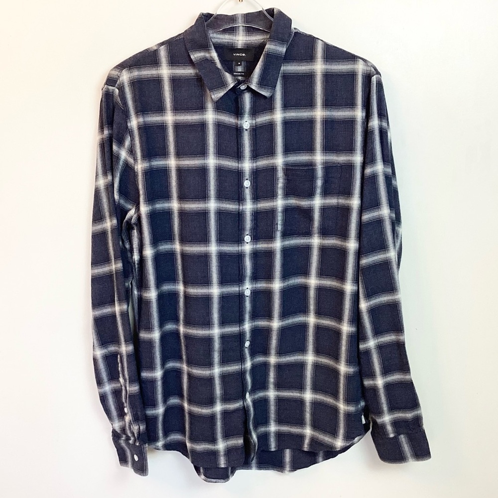 Vince Long Sleeve Plaid Button Up Shirt - Navy - M